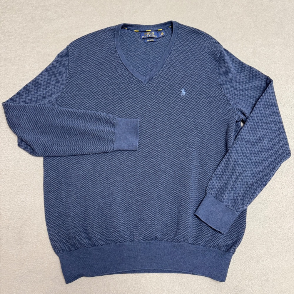 Polo Ralph Lauren Sweater Mens L Blue Pima Cotton Chevron V-Neck Preppy Resort
